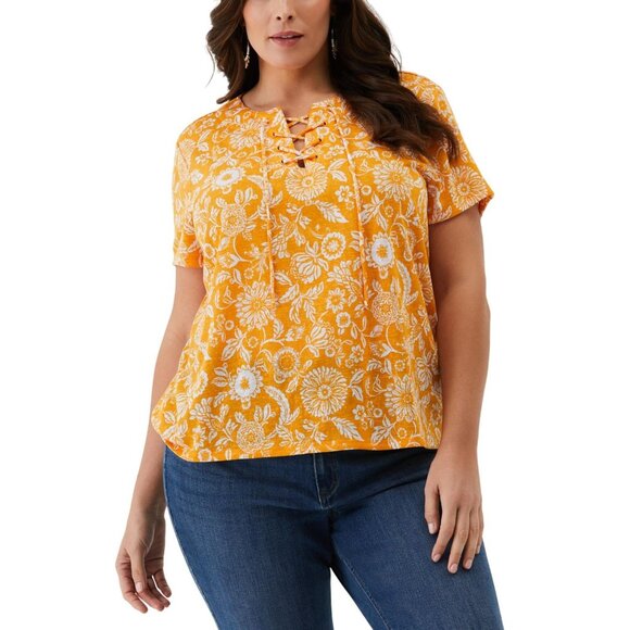 NWT ELLA Rafaella Paisley Print Lace-up Short Sleeve Tee Shirt Cadmium Yellow 1X - Picture 1 of 6